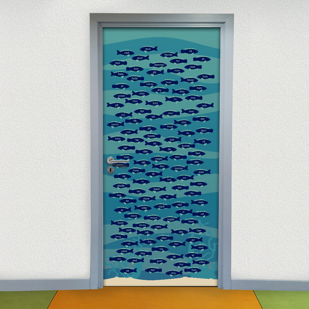 Gulvfolie med de 120 mest anvendte danske ord, visualiseret som fisk