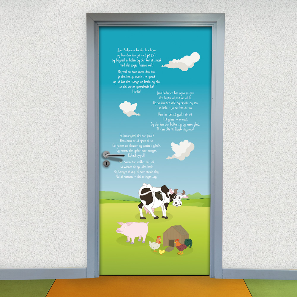 Udsmyk skolen og dagtilbuddets med børnesange som man kender. Her et flot design med Jens Pedersens ko.