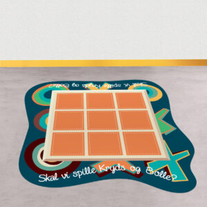 Visuel udsmykning med indbygget lege som denne gulvfolie, som man kan spille Backgammon på. Stort mockup.