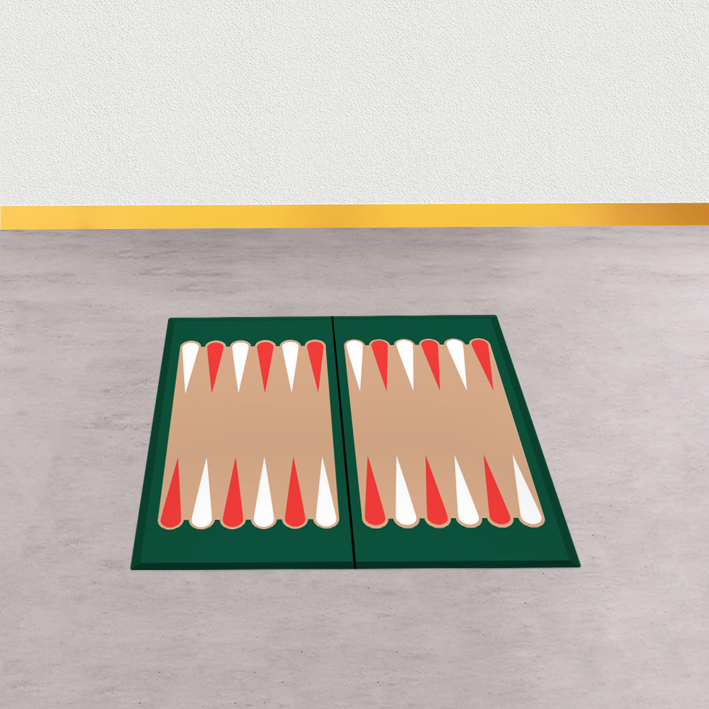 Visuel udsmykning med indbygget lege som denne gulvfolie, som man kan spille Backgammon på. mockup.
