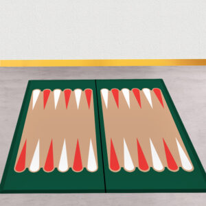 Visuel udsmykning med indbygget lege som denne gulvfolie, som man kan spille Backgammon på. Stort mockup.