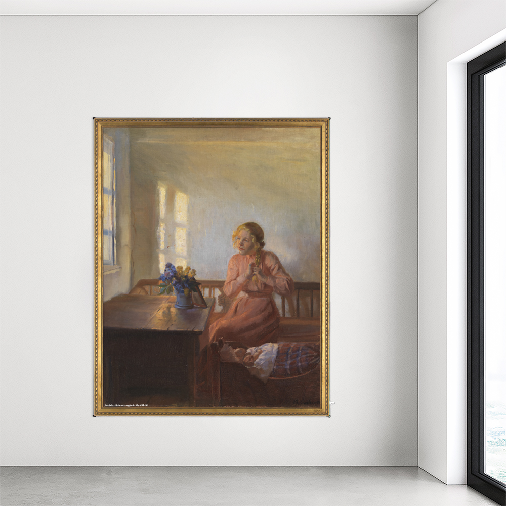 Kunstmotiv fra Anna Ancher med Interiør med en ung pige, der fletter sit hår