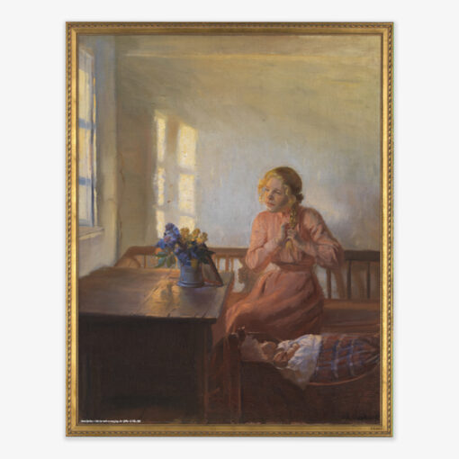 Kunstmotiv fra Anna Ancher med Interiør med en ung pige, der fletter sit hår