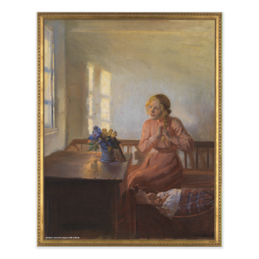 Kunstmotiv fra Anna Ancher med Interiør med en ung pige, der fletter sit hår
