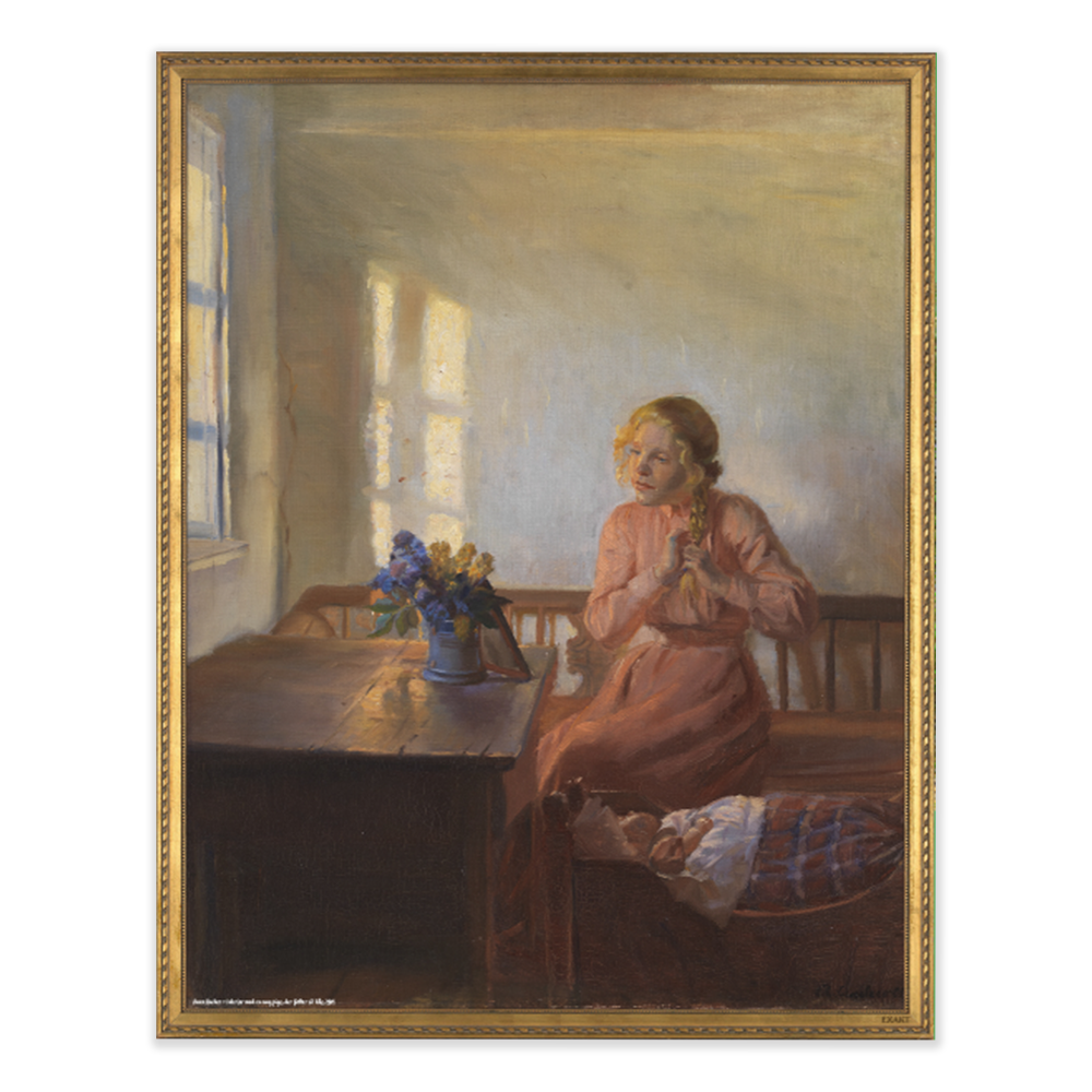 Kunstmotiv fra Anna Ancher med Interiør med en ung pige, der fletter sit hår