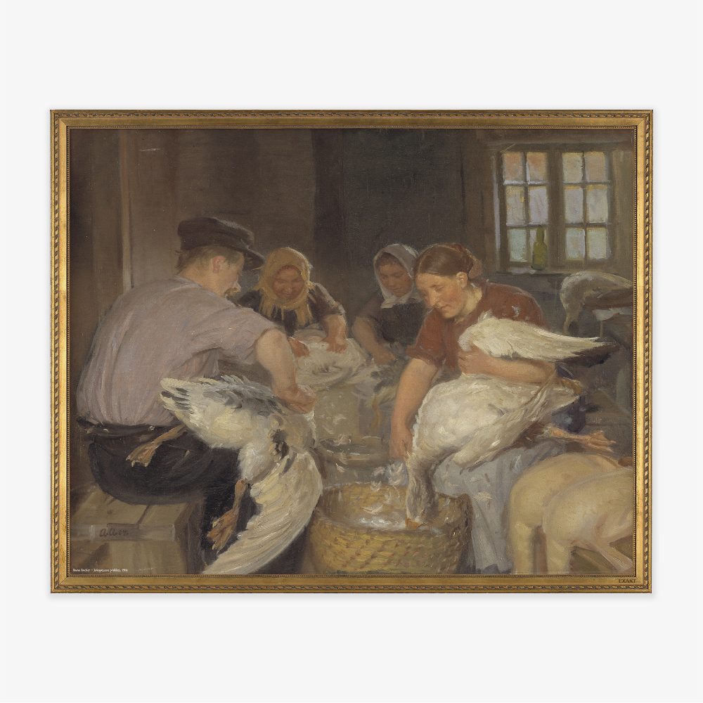 Kunstmotiv fra Anna Ancher med Julegæssene plukkes