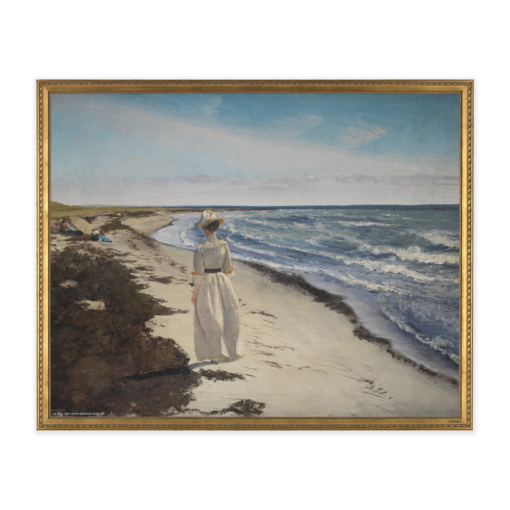 Kunstmotiv fra L.A. Ring med Dame ved Karrebæksminde strand