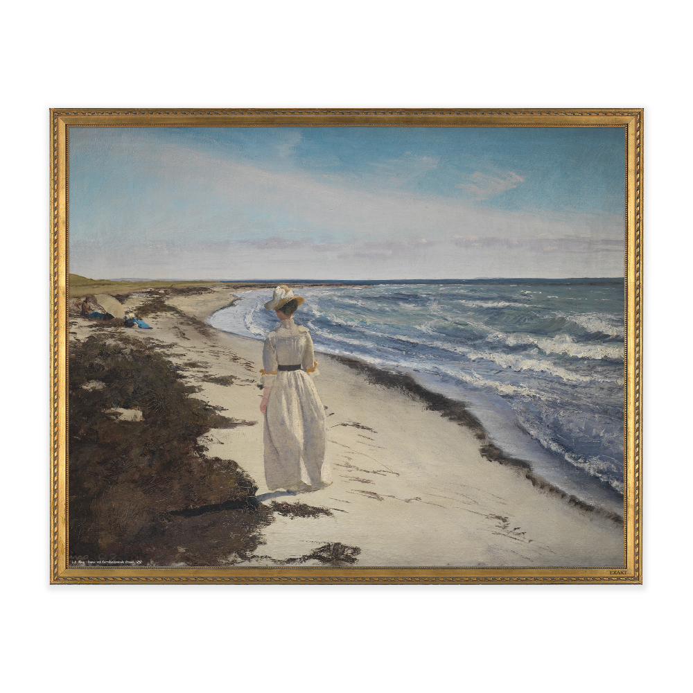 Kunstmotiv fra L.A. Ring med Dame ved Karrebæksminde strand