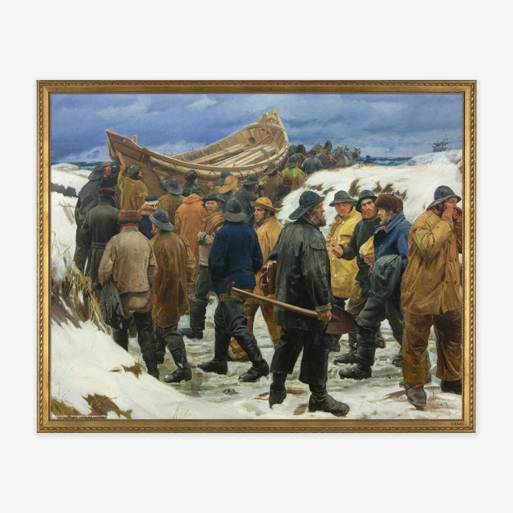 Kunstmotiv fra Michael Ancher med Redningsbåden køres gennem klitterne