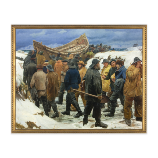 Kunstmotiv fra Michael Ancher med Redningsbåden køres gennem klitterne