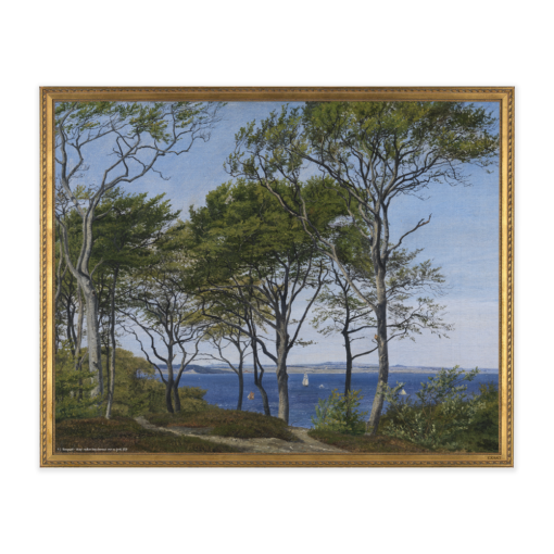 Kunstmotiv fra P.C. Skovgaard med Udsigt mellem bøgestammer over en fjord