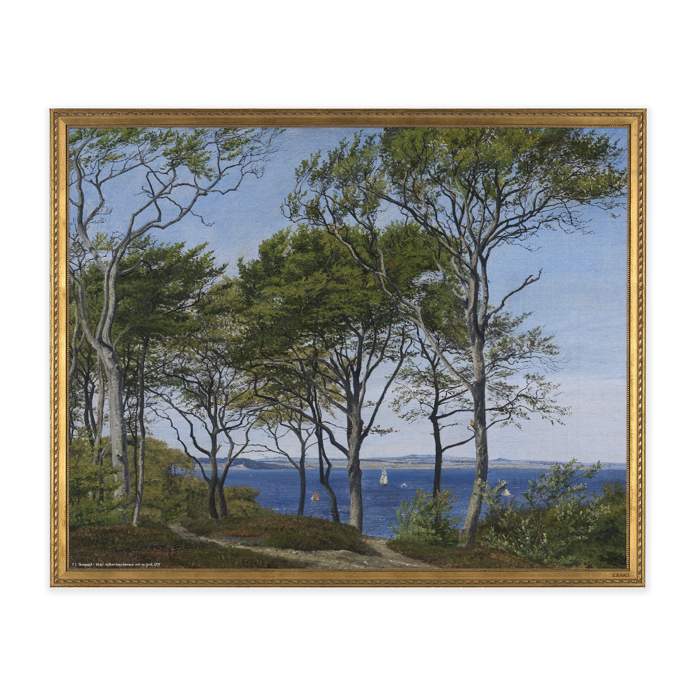 Kunstmotiv fra P.C. Skovgaard med Udsigt mellem bøgestammer over en fjord