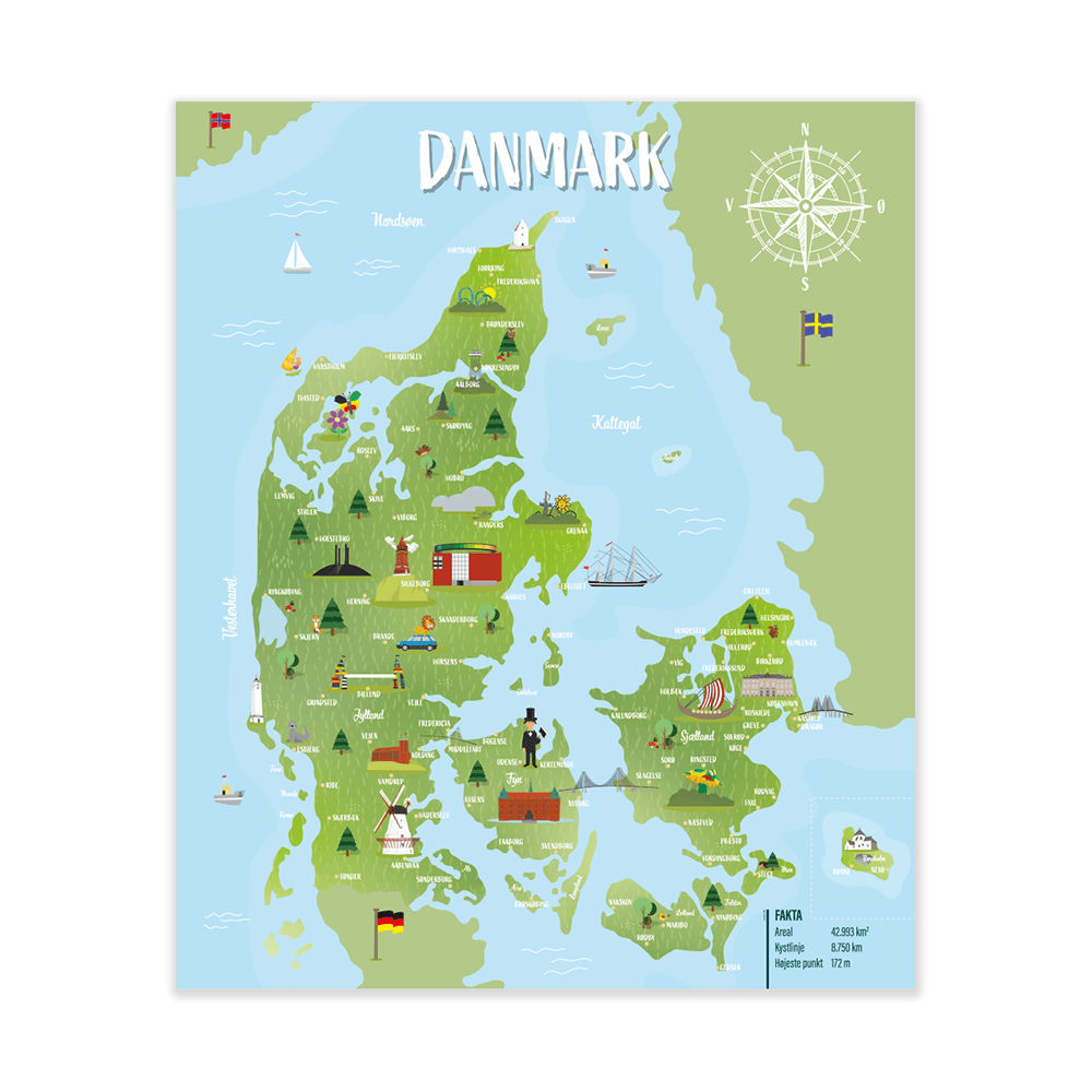 Læringsplade med kort over Danmark