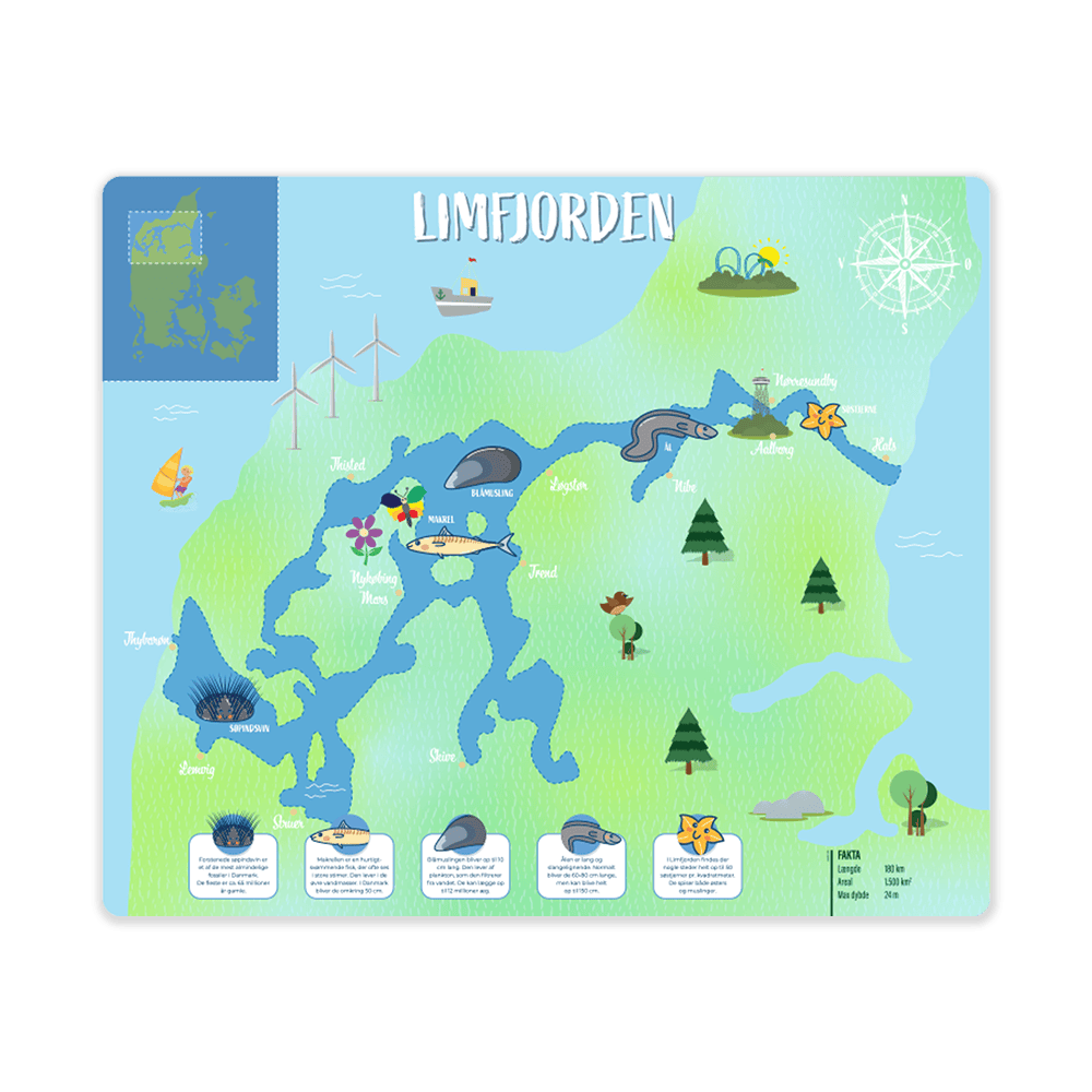 Læringsplade med kort over Limfjorden