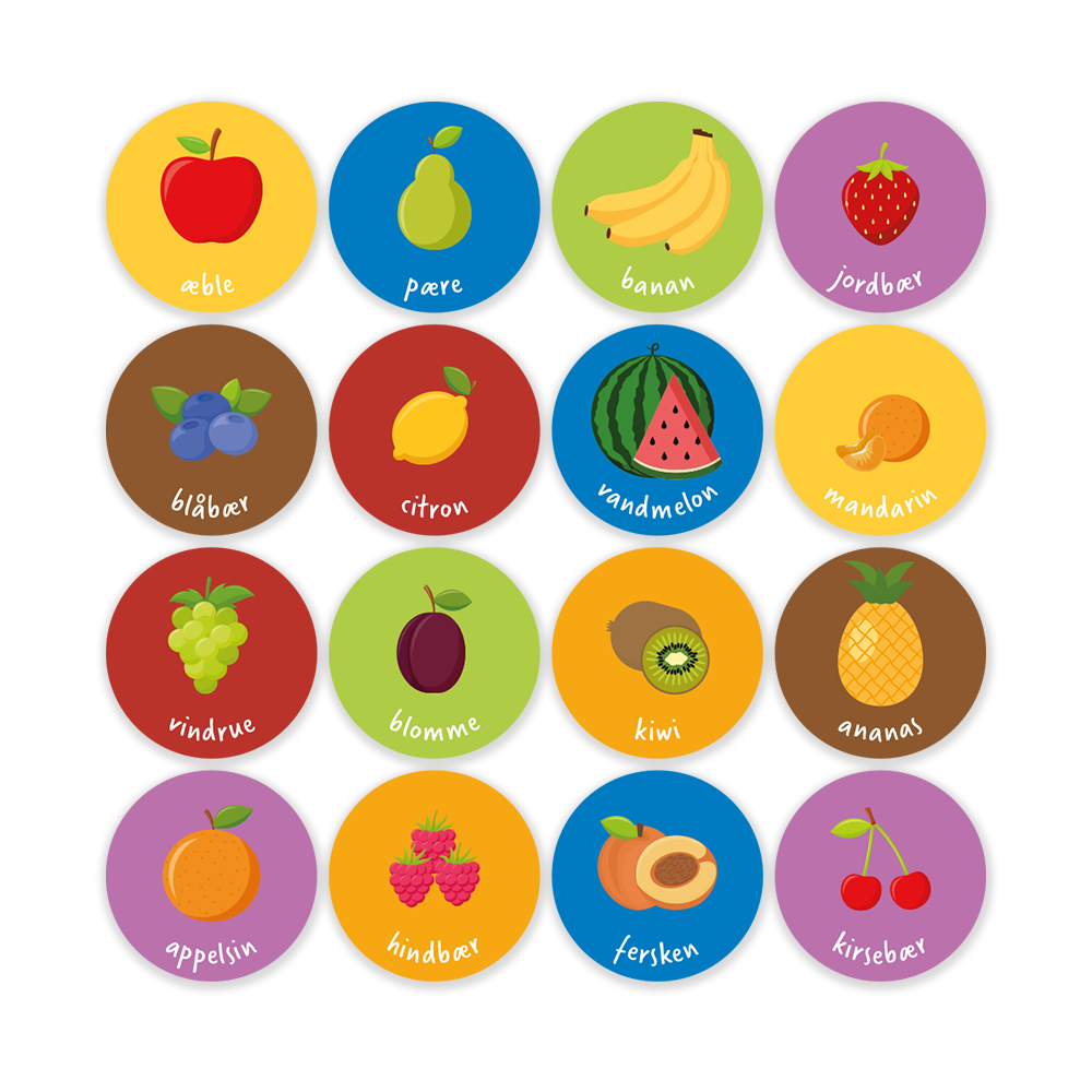 16 farverige gulvfolier med frugt og grønt