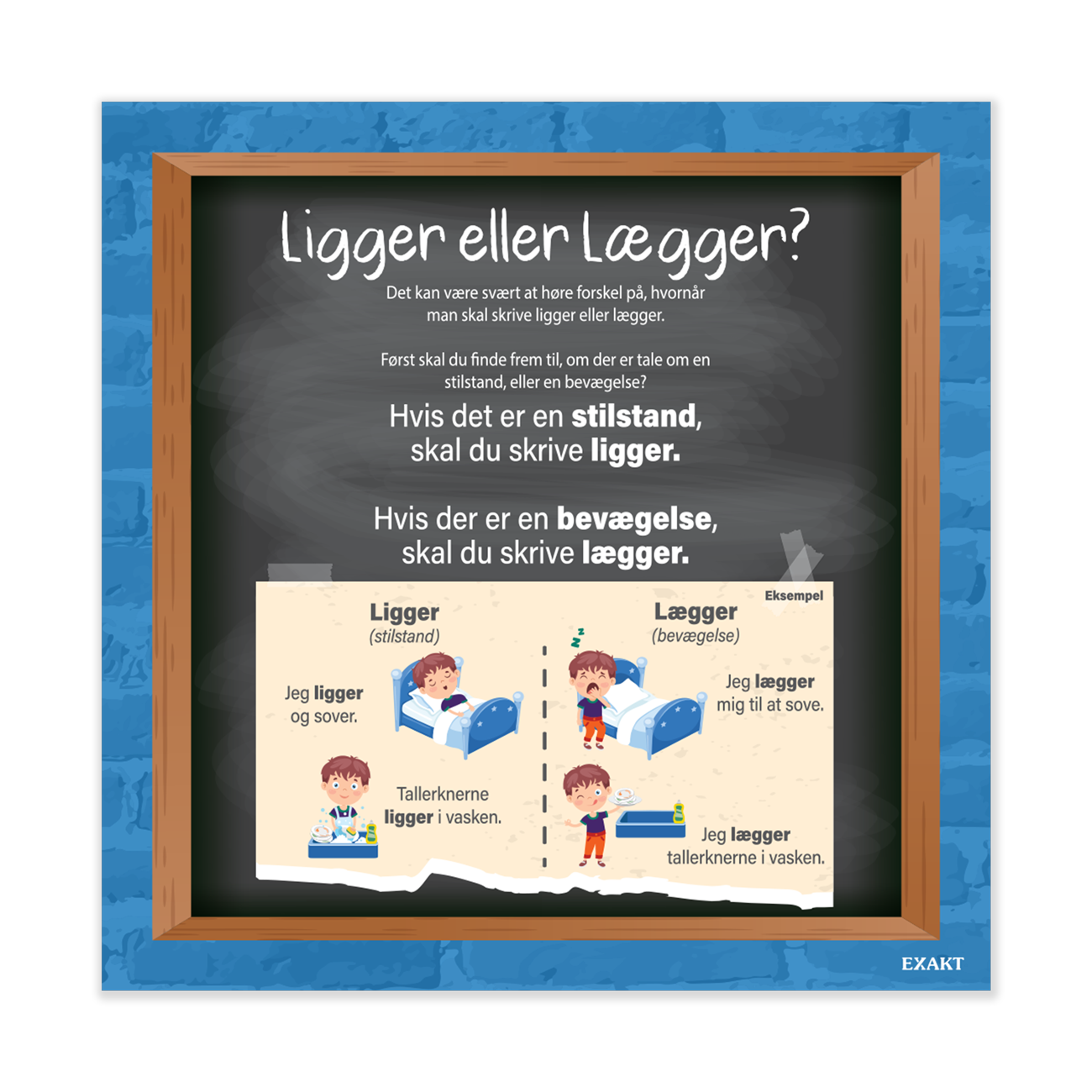 Læringsplade med regler om ligger eller lægger til læring om dansk grammatik