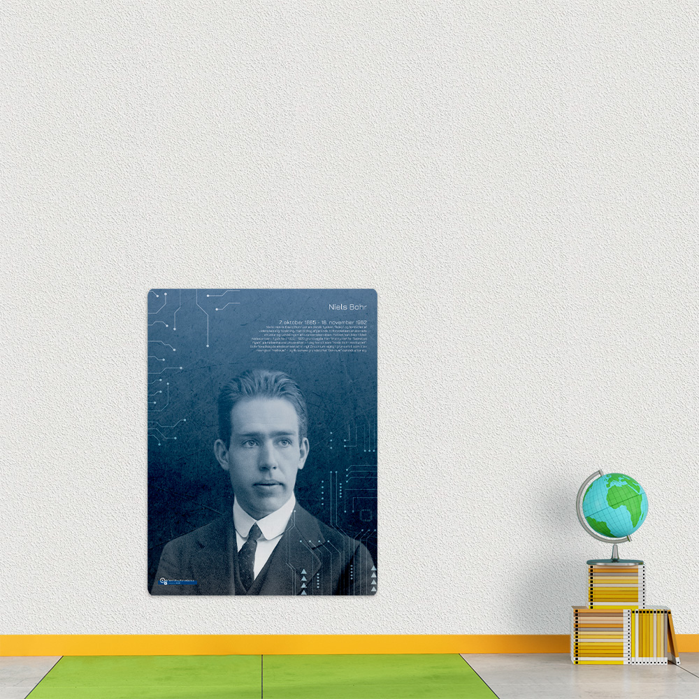 Indret skolens rum og gange med læringstavler, akustikbilleder mm. af store personligheder som Niels Bohr