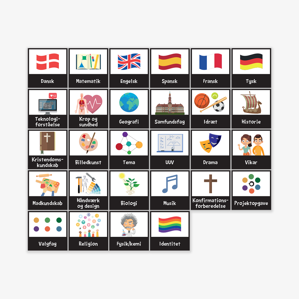 Piktogrammagneter med fag til udskoling