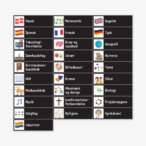 Piktogrammagneter med fag til udskoling