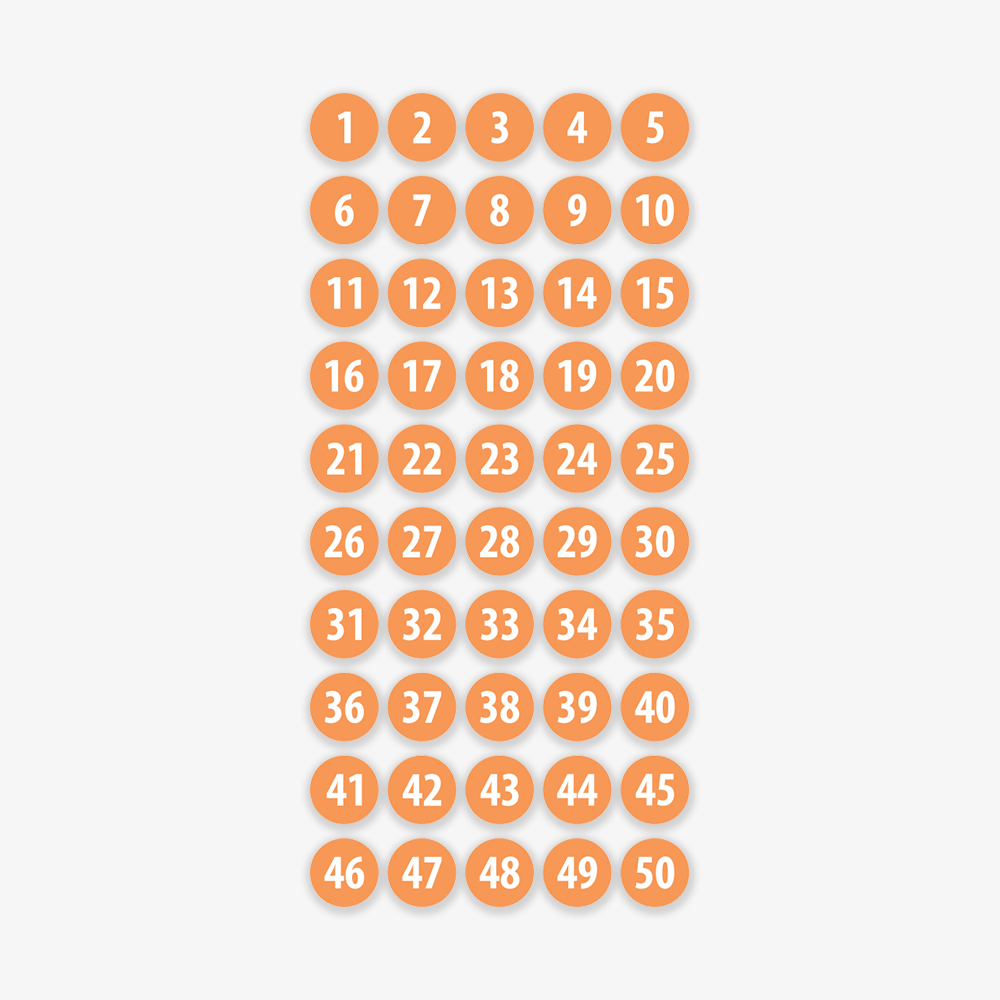 50 stk. gulvfolier med tallene 1-50 i orange