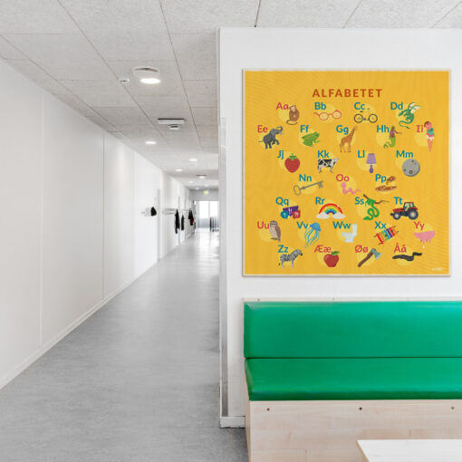 Læringsplade i træfiner med Alfabetet i klasselokale