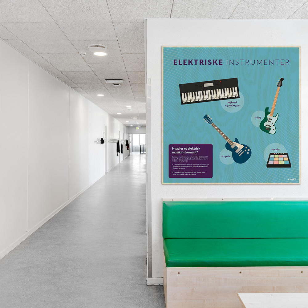 Læringsplade i træfiner med ElektriskeInstrumenter til klasselokale