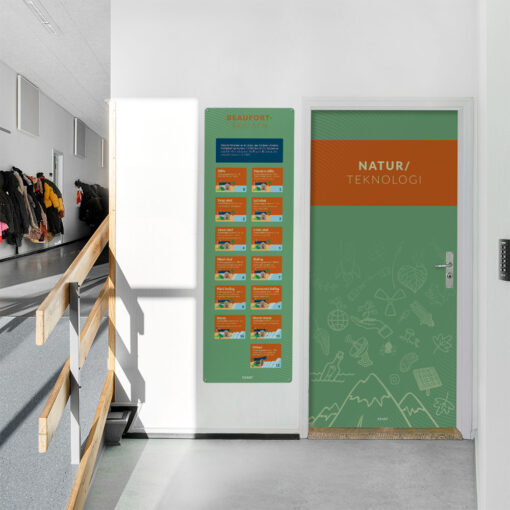 Fagportal med intuitive illustrationer om natur/teknologi med dørfolie, gulvfolie og vægplade. Mockup.