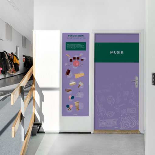 Fagportal med intuitive illustrationer om musik med dørfolie, gulvfolie og vægplade.. Mockup.