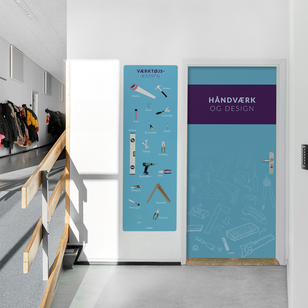 Fagportal med intuitive illustrationer om håndværk og design, sløjd, med dørfolie, gulvfolie og vægplade.