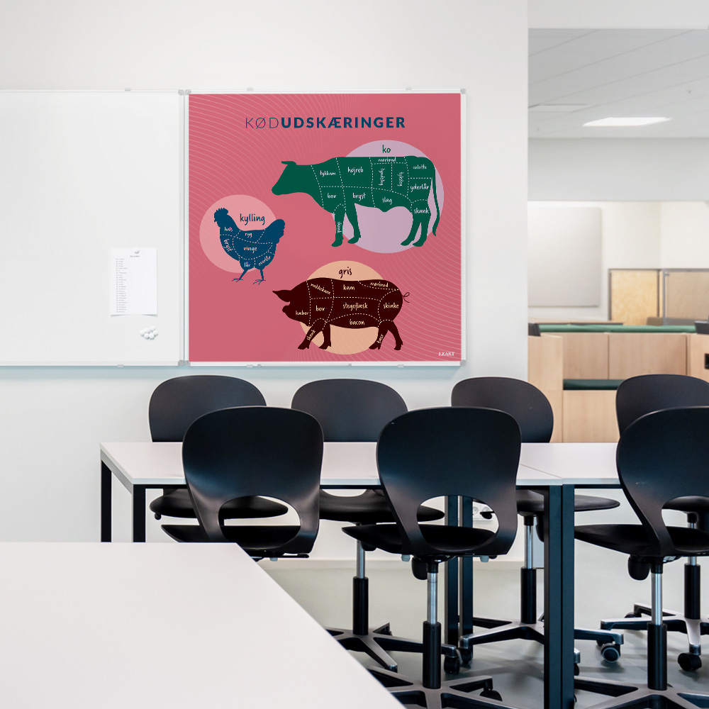 Whiteboard med Kødudskæringer i klasselokale