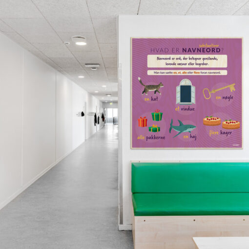 Læringsplade i træfiner med Navneord i klasselokale