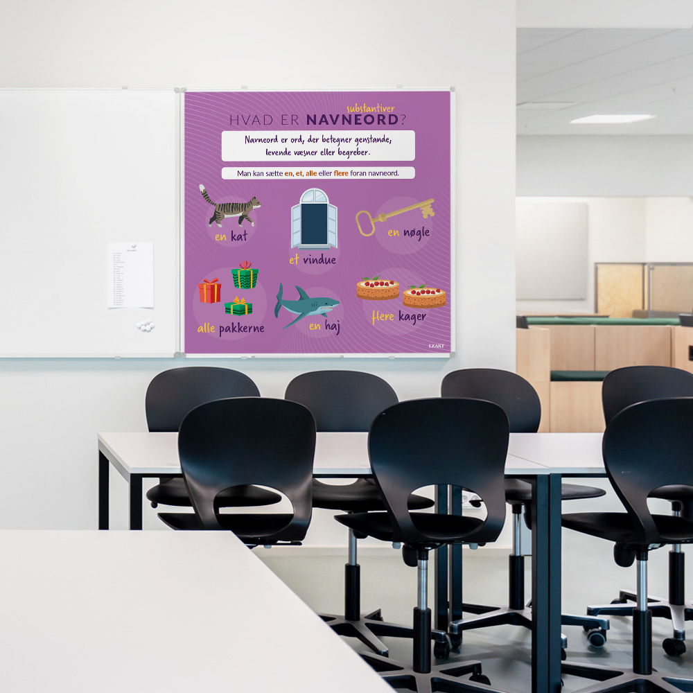 Whiteboard med Navneord i klasselokale