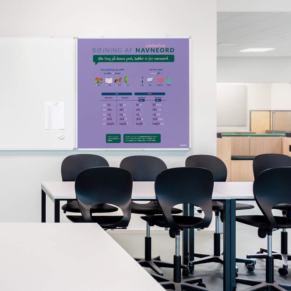Whiteboard i træfiner med navneord til klasselokale