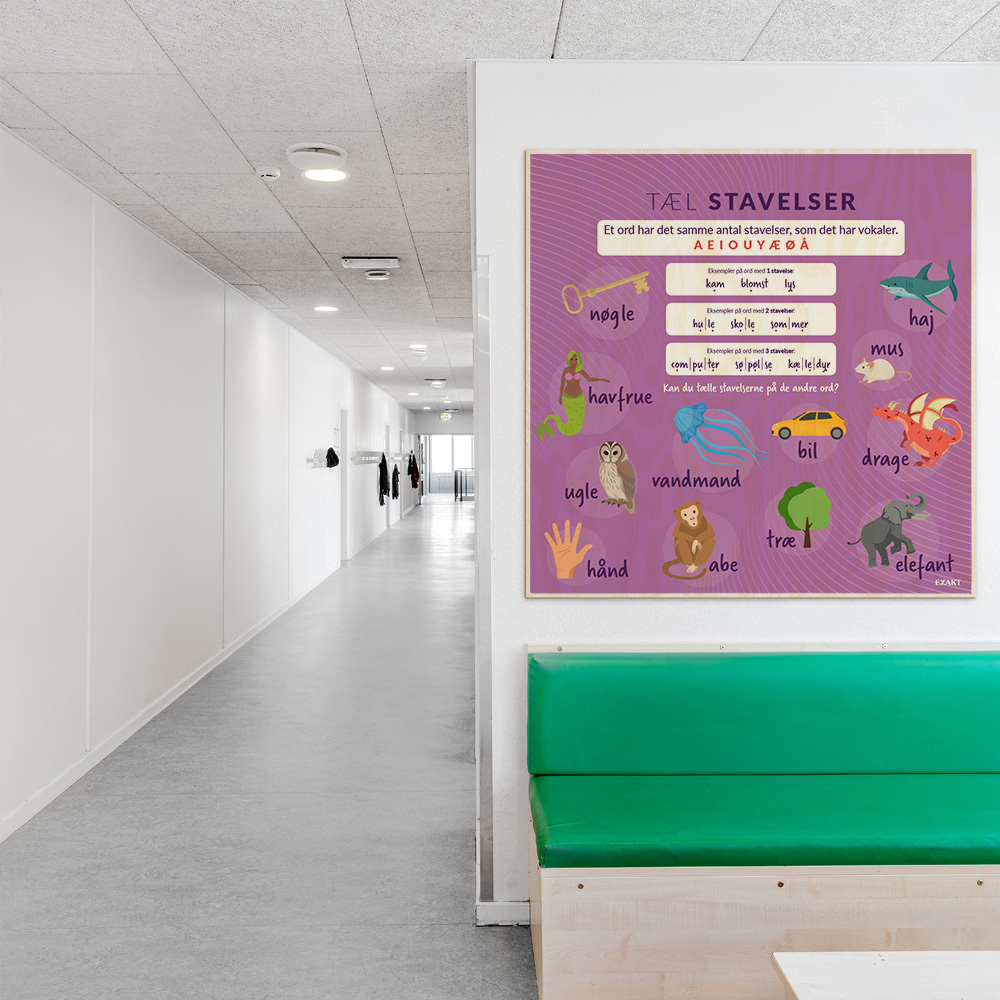 Læringsplade i træfiner med Stavelser i klasselokale