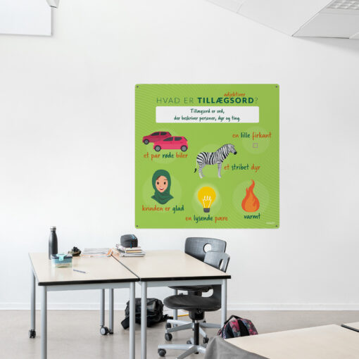 Læringsplade med Tillægsord i klasselokale