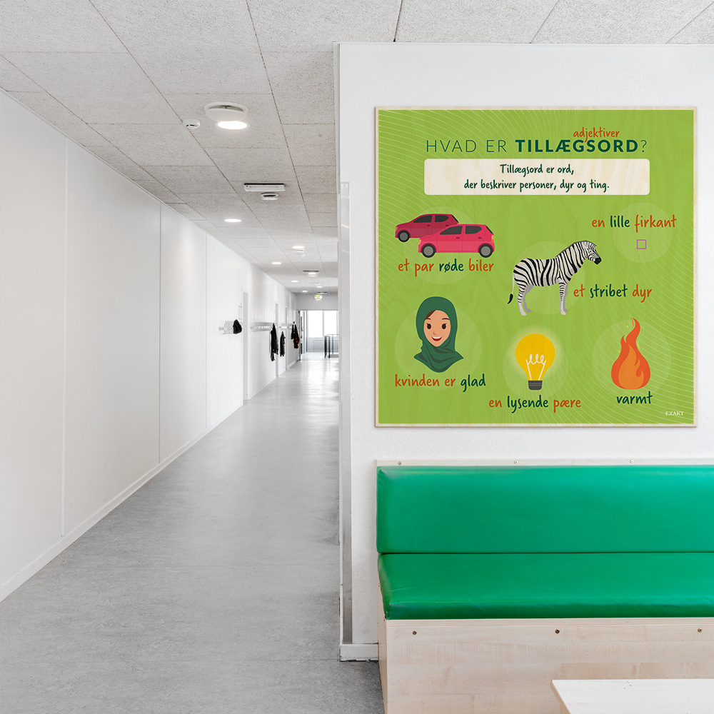 Læringsplade i træfiner med Tillægsord i klasselokale