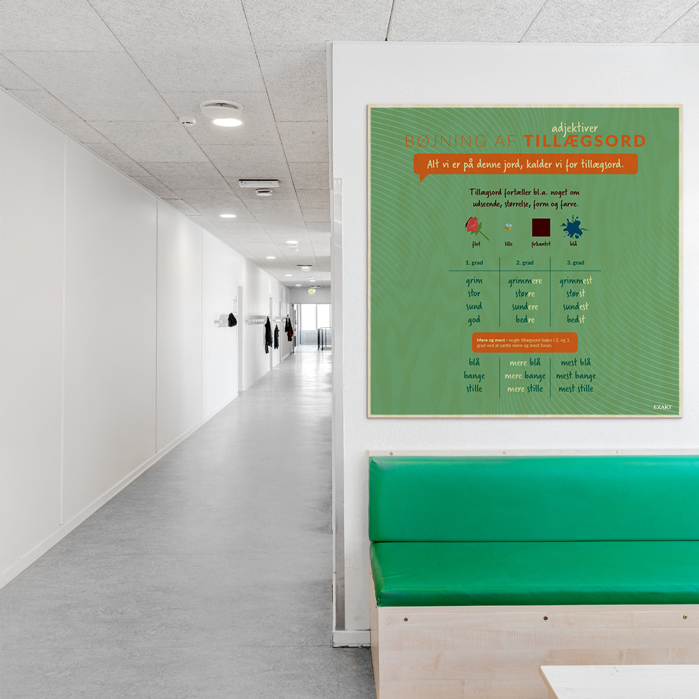 Læringsplade i træfiner med Tillægsord til klasselokale