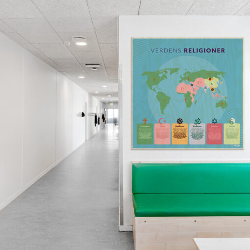 Læringsplade i træfiner med VerdensReligioner i klasselokale