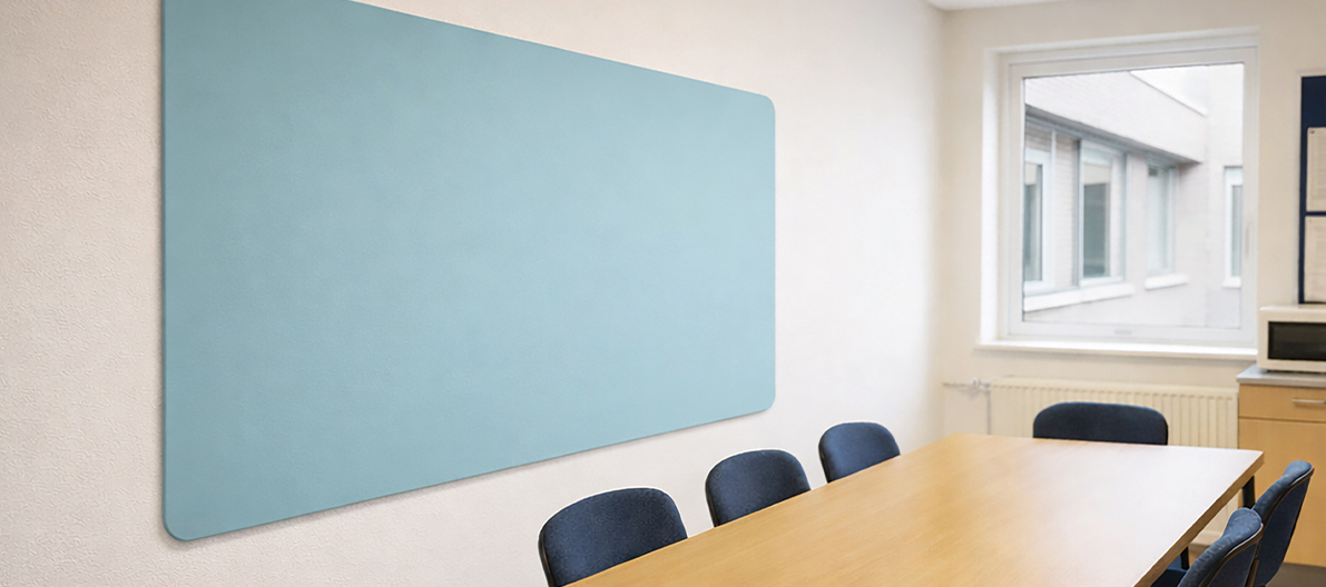 Satin curve tavle i blå uden ramme i mødelokale