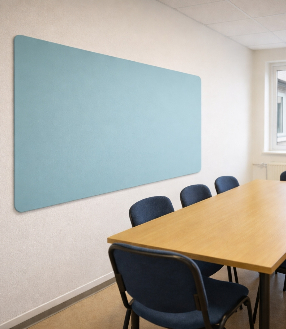Satin curve tavle i blå uden ramme i mødelokale