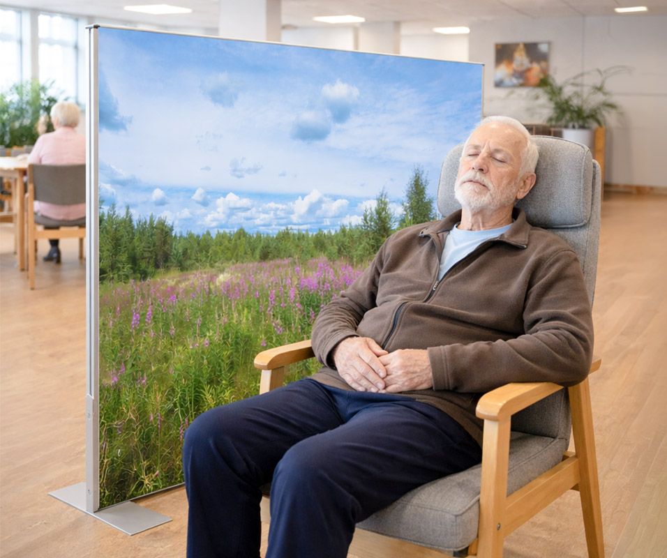 Sovende borger foran skærmvæg på plejehjem