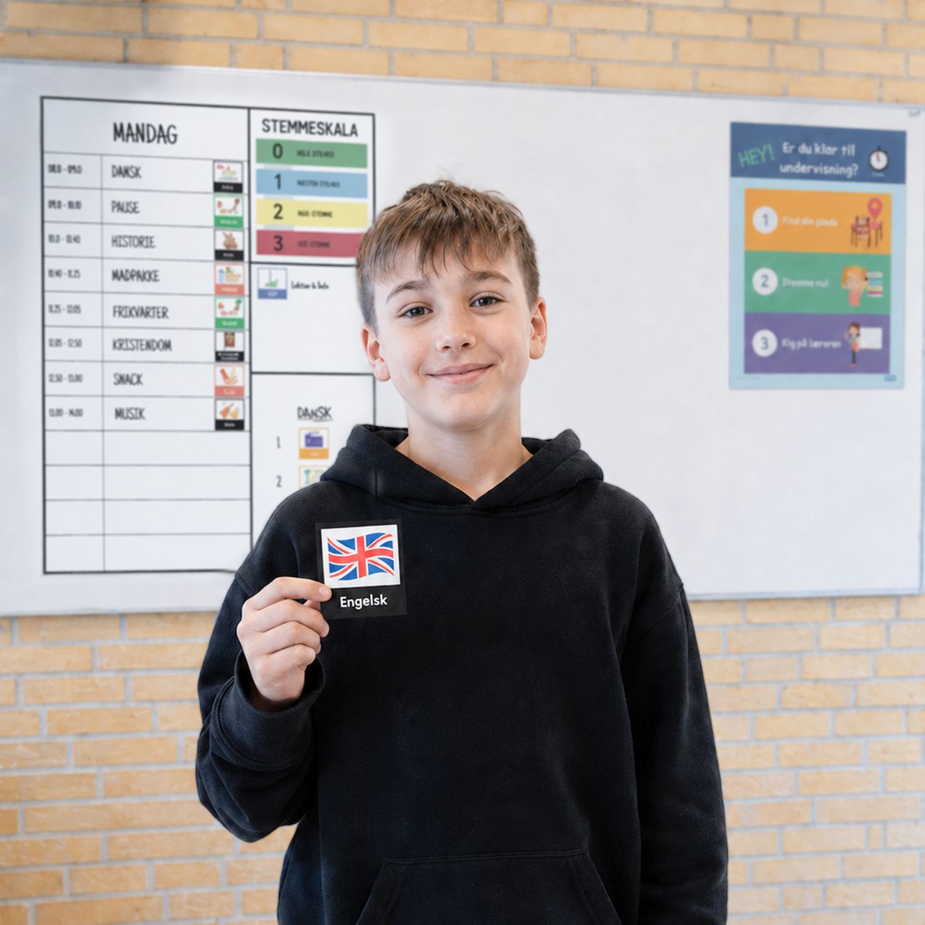 Elev står med piktogram til bedre struktur i klassen