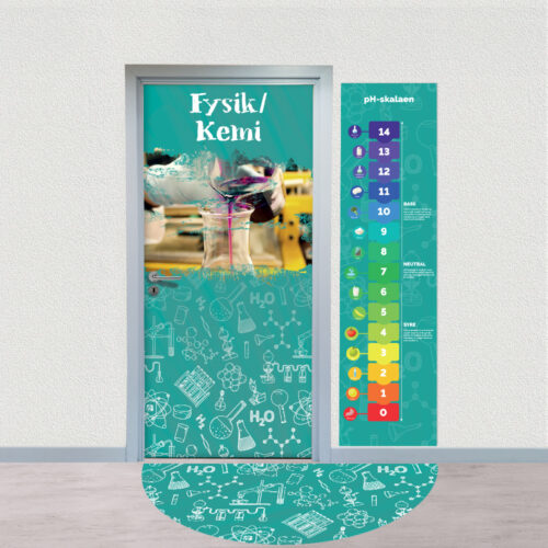 Grønblå fagportal til skolen tematiserer dine døre og gør det klart at man arbejder med Fysik/Kemi. Vægplader og folie.